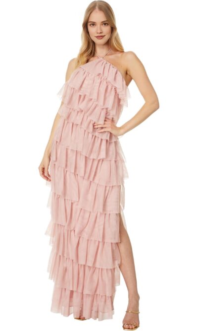 Fashionable Mesh Halter Neck And Backless Maxi Cake Dress
