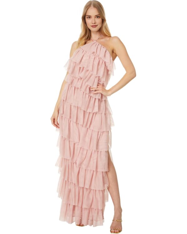 Fashionable Mesh Halter Neck And Backless Maxi Cake Dress
