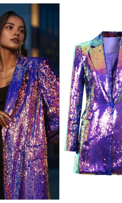 Purple Sequins Longline Prom Blazer For Women