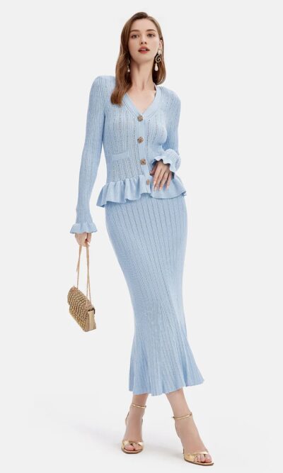 Ruffled V-Neck Top Midi Skirt Sweater Set
