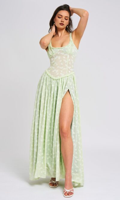 Square Neck Jacquard Textured High Slit Maxi Dress