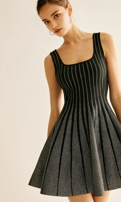 Sparkly Stripes A Line Dress Black