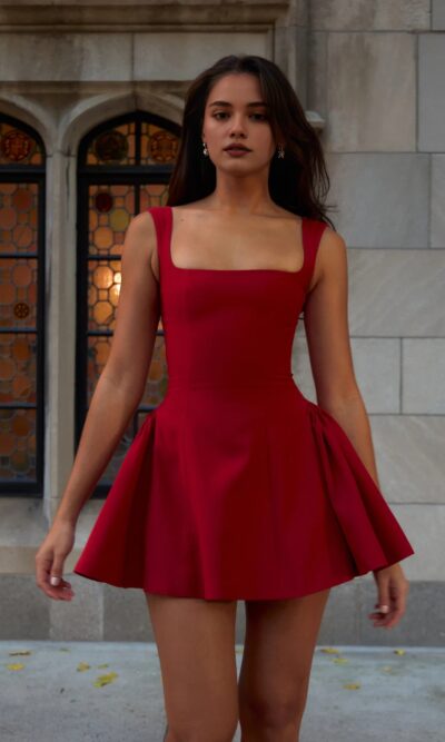 Burgundy Square Neck Mini Dress Sexy High Waist Party Dress