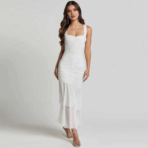 Double-layer Mesh Midi Pleated Fishtail Dress