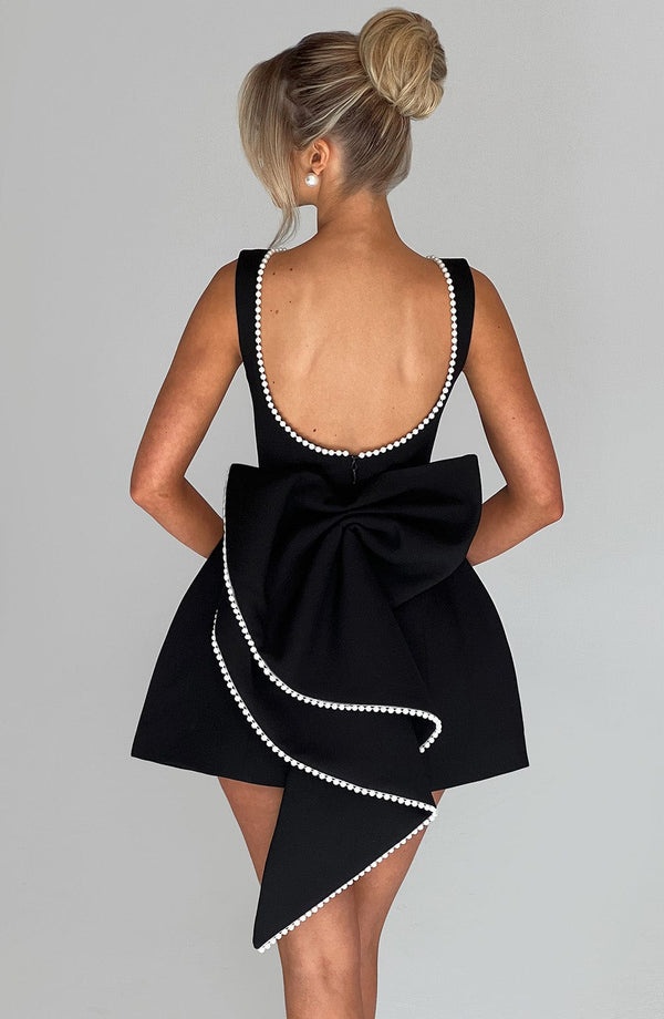 Large Pearl Bow Backless A-line Mini Dress