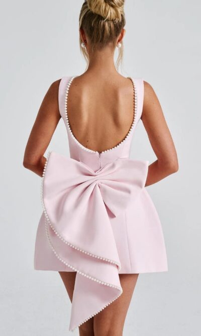 Large Pearl Bow Backless A-line Mini Dress