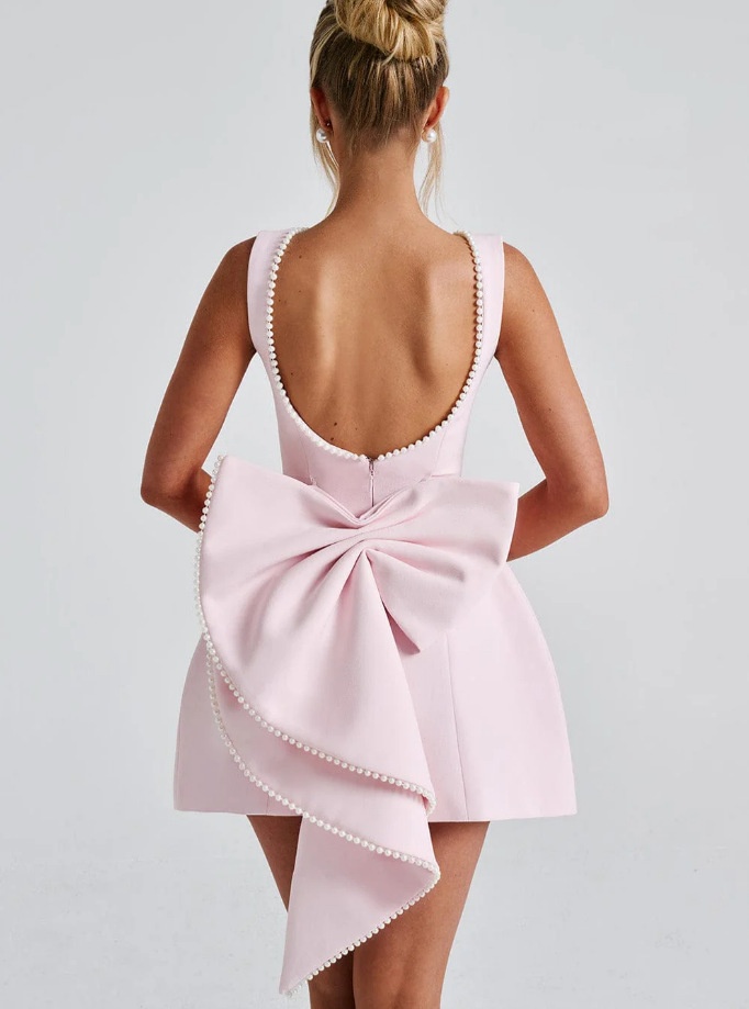 large-pearl-bow-backless-A-line-mini-dress-black-pink-1