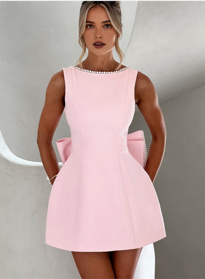 large-pearl-bow-backless-A-line-mini-dress-black-pink-2