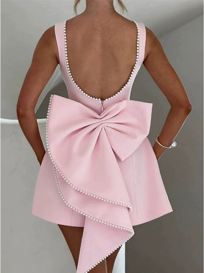 large-pearl-bow-backless-A-line-mini-dress-black-pink-4