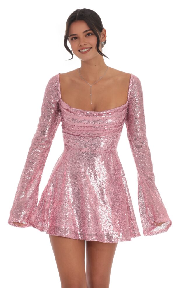 Long-sleeve Square Neck Lace-up Mini Sequin Dress