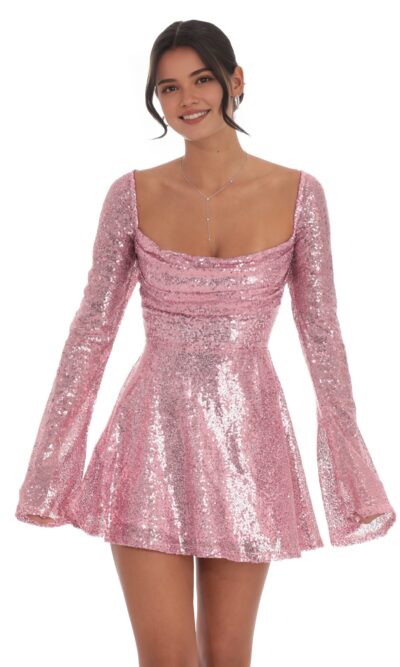 Long-sleeve Square Neck Lace-up Mini Sequin Dress
