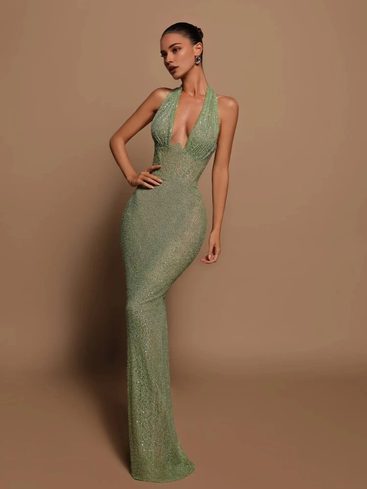 Deep V-Neck Sequined Backless Maxi Dress