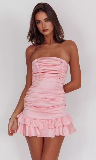 Strapless Tied Back Frill Hem Mini Dress