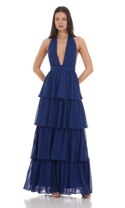 Chiffon Plunge Ruffle Maxi Dress