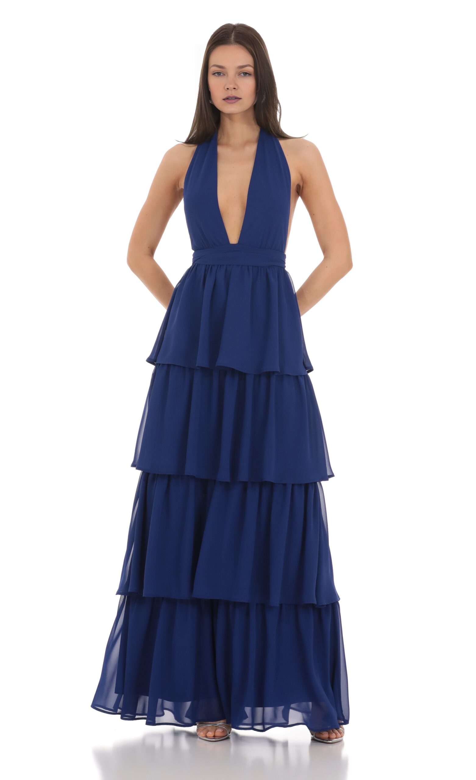 Chiffon Plunge Ruffle Maxi Dress