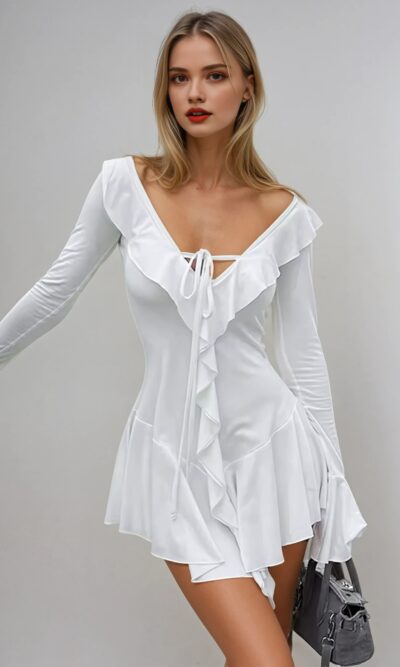 Draped Ruffle Long Sleeve Mini Dress