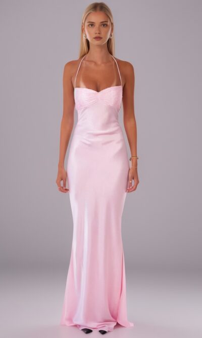 Satin Halter Neck Backless Maxi Dress