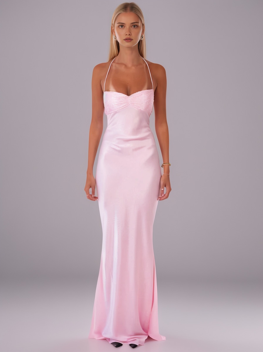 Satin Halter Neck Backless Maxi Dress