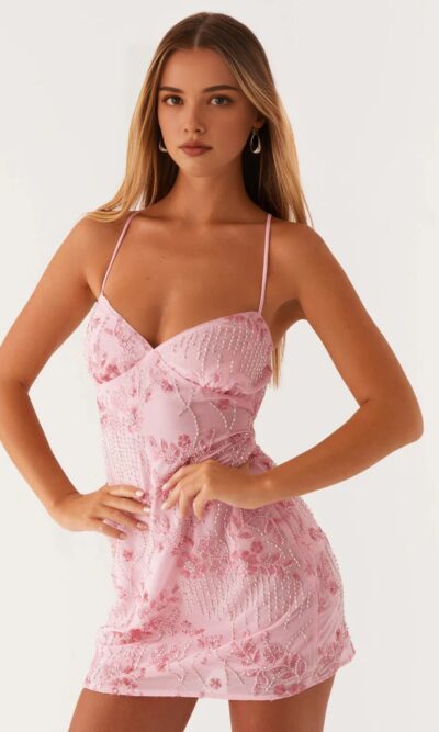 Sequin Beaded Lace-Up Mini Dress