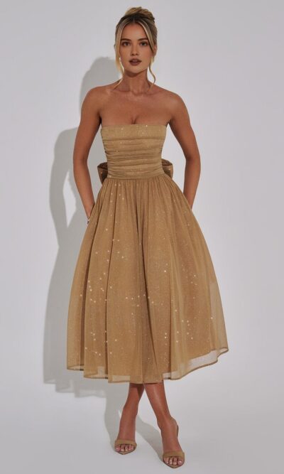 Strapless Bow Sparkling Midi Dress