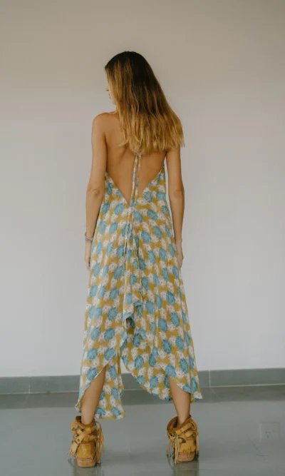 V-Neck Printed Backless Midi Dress