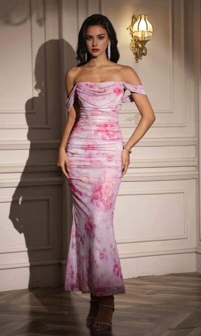 Off Shoulder Floral Ruched Bodycon Dress