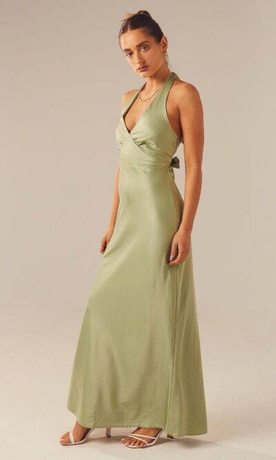 Satin Halter V-Neck Backless Maxi Dress