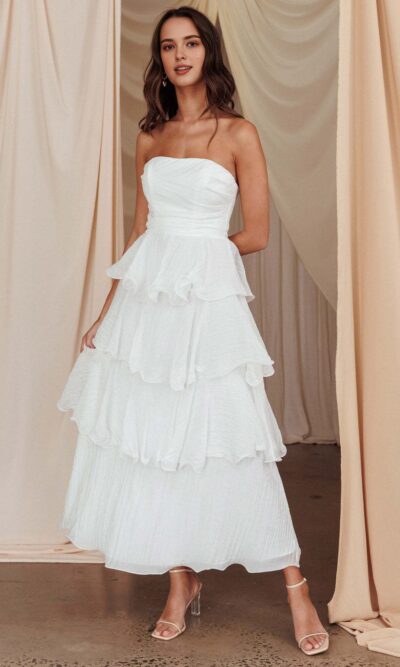 Strapless Tiered Ruffle Midi Dress